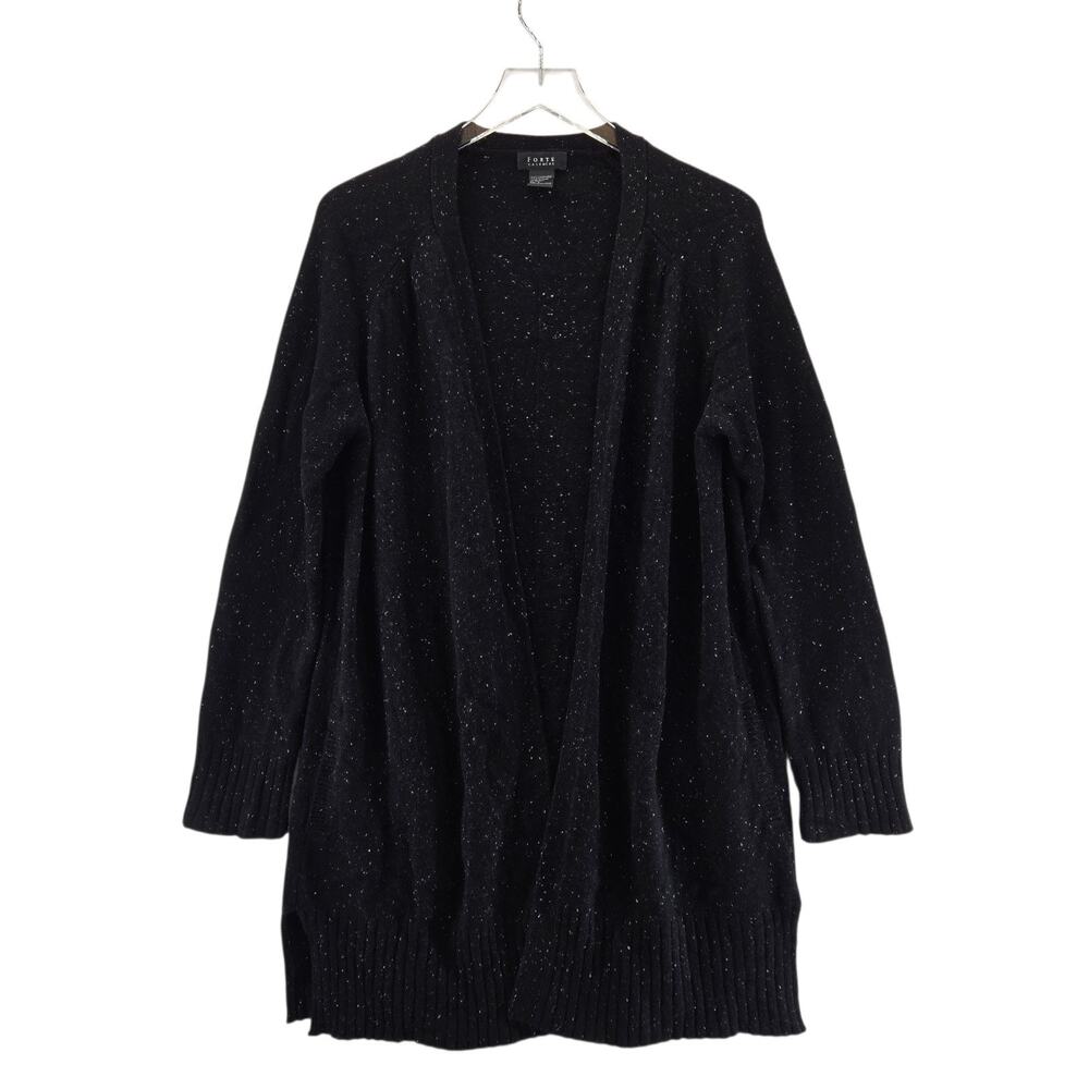 Forte 100% Cashmere Long Cardigan Sweater Womens Large Black White Speckles Luxe